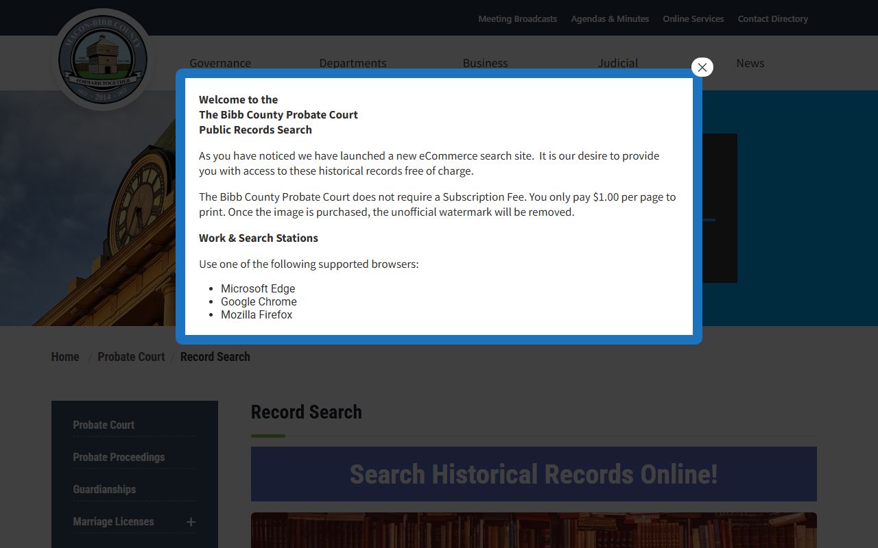 Bibb Probate Court record search page