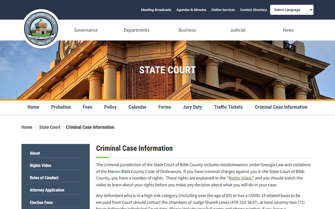 Bibb State Court criminal case and docket information page