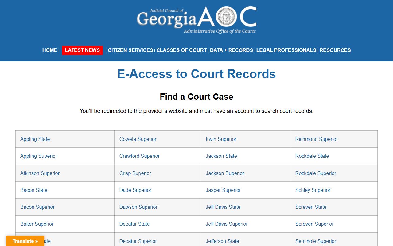 Georgia Courts e-access court records page