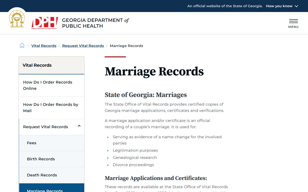 Bibb County marriage records Georgia DPH marriage record request page