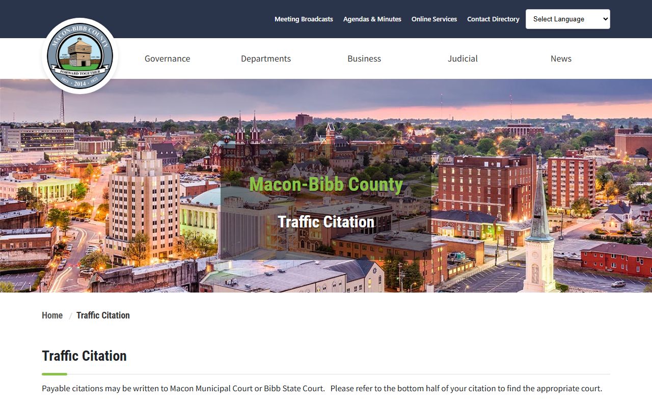 Bibb County traffic court records Macon-Bibb citation routing page