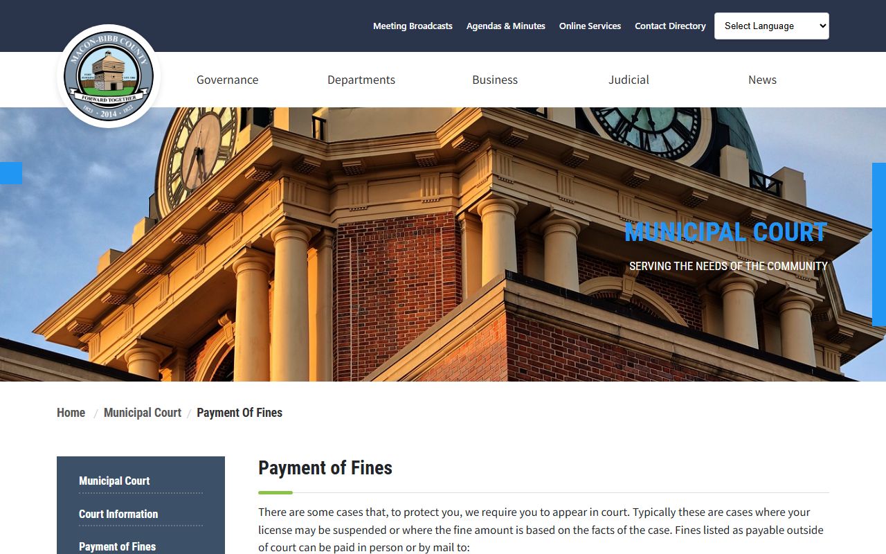 Bibb County traffic court records Municipal Court payment of fines page