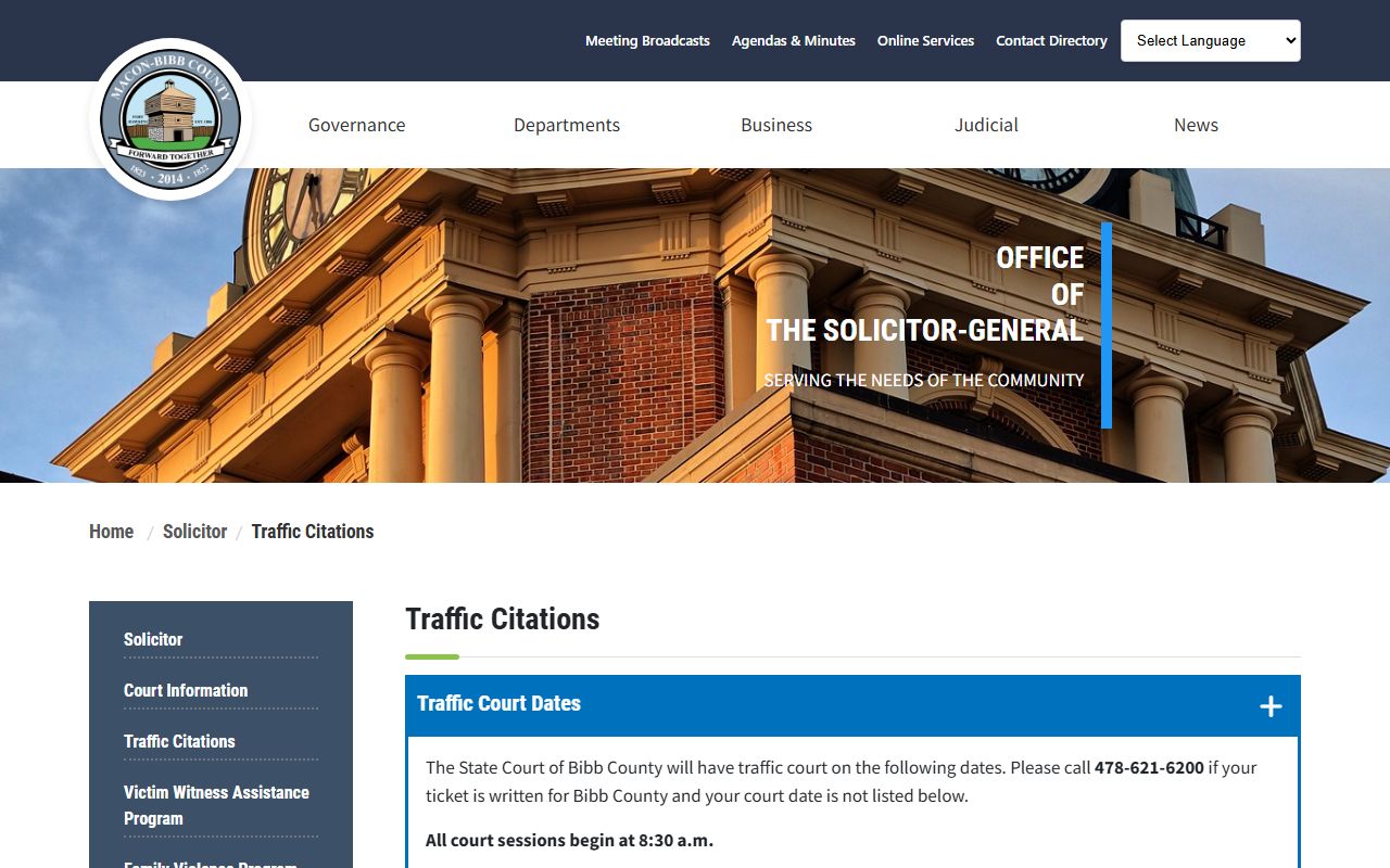 Bibb County traffic court records Solicitor traffic citation page