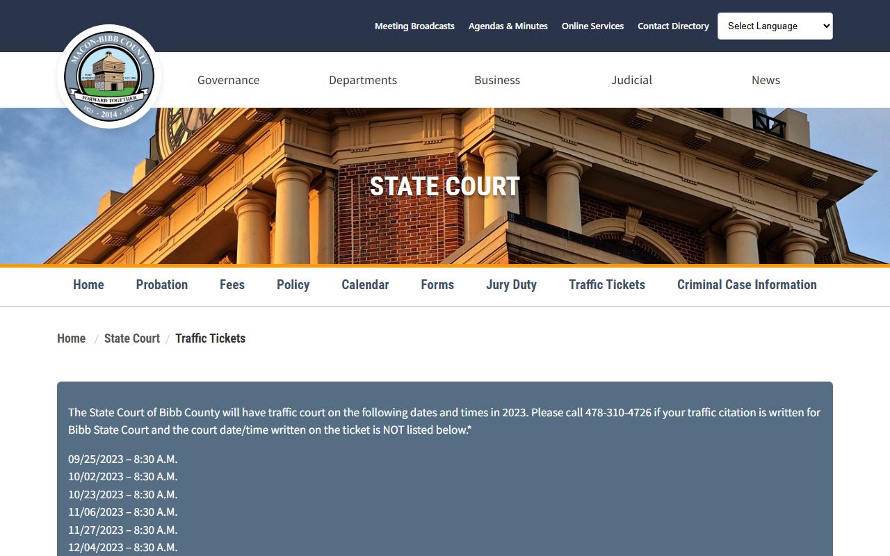 Bibb County traffic court records State Court traffic tickets page